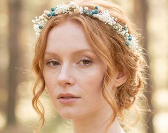 Turquoise & Ivory Dried Flower Crown: Baby's Breath Wedding Headband