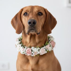 Könnte beinhalten: Ein brauner Hund mit einem Blumenschmuck aus weißen und rosa Rosen und Grünzeug. Der Hund blickt direkt in die Kamera vor einem weißen Hintergrund. Das Fell des Hundes ist rotbraun.