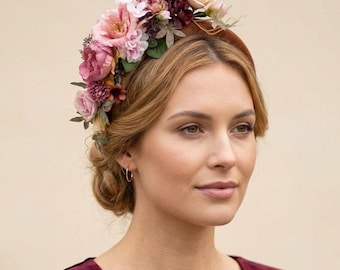 Dusty Rose & Brown Flower Fascinator: Velvet Padded Headband