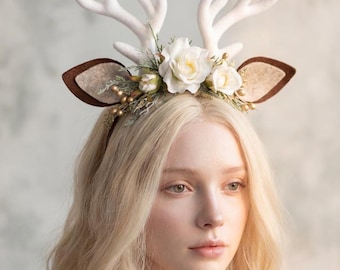Reindeer Antler Headband with Flowers: Christmas Headpiece