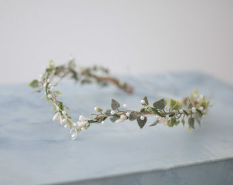 Elven crown, fairy tiara, dainty twig headband, green white fairy crown, crystal elven circlet, leaf floral crown, elf headpiece