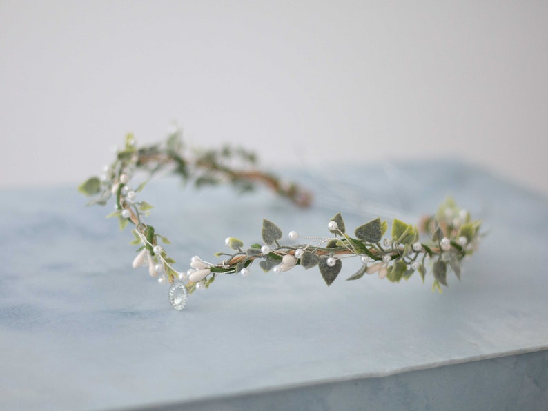 Elven crown, fairy tiara, dainty twig headband, green white fairy crown, crystal elven circlet, leaf floral crown, elf headpiece image 1