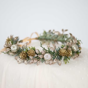 Gold glitter flower crown, winter headpiece, wedding holiday hair accessories, forest hair crown, christmas photo props, flower girl halo