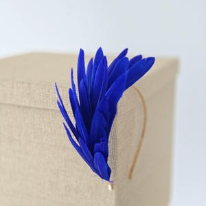 以下が含まれることがあります： 鮮やかな青い羽根のヘアバンド。 羽根は扇形に配置され、細い金色のヘアバンドに取り付けられています。 アクセサリーは、ニュートラルで質感のある背景に配置されています。