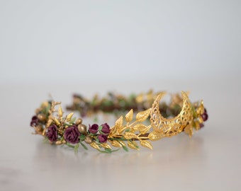 Moon tiara, gold leaf crown, crescent moon headband, elven hairpiece, fairy head piece, fantasy headpiece, fae hair piece, celestial crown
