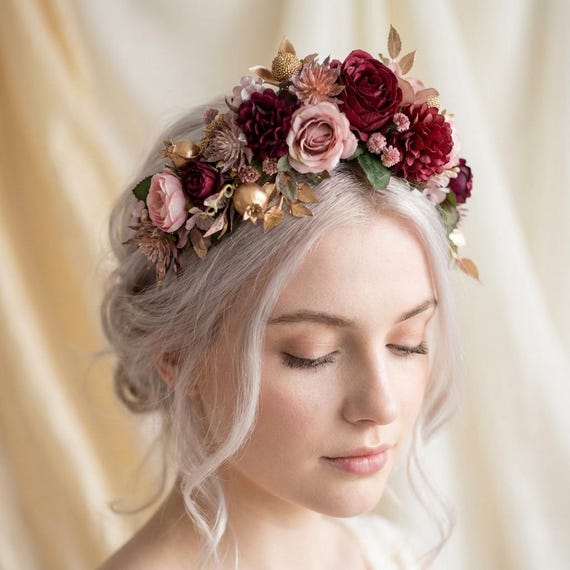 Burgundy & Dusty Rose Flower Headband - Etsy Israel display picture 1