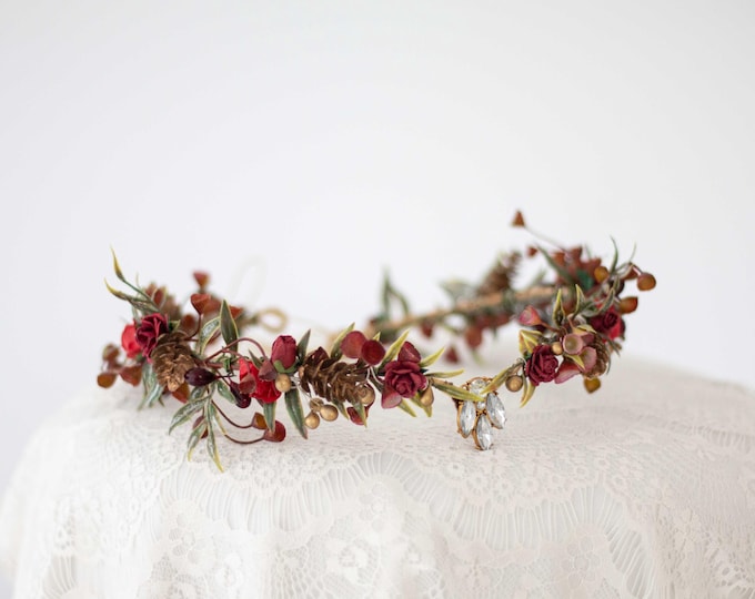 Red Floral Elven Crown: Crystal Fairy Tiara Headband