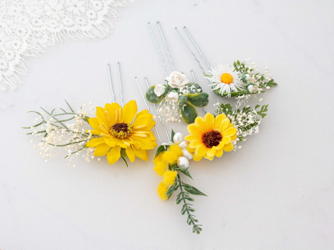 Flower Hair Pins With Sunflowers Wedding Flower Hair Pins Etsy