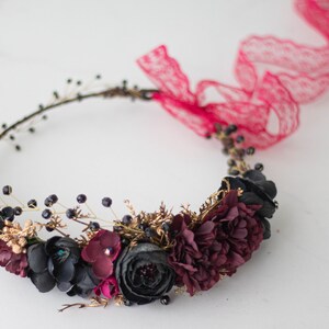 Gold black burgundy flower crown, dark flower headband, black flower halo image 4