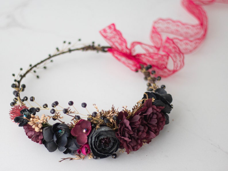 Gold black burgundy flower crown, dark flower headband, black flower halo image 4