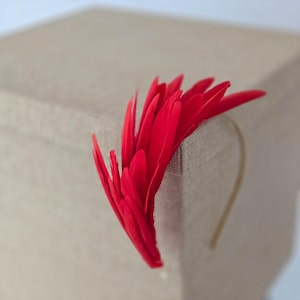 Può includere: Una fascia per capelli con piume rosse e una fascia color oro. Le piume sono disposte a ventaglio, creando un design audace. La fascia è probabilmente per occasioni speciali o costumi.