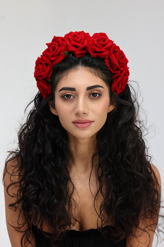 Red Rose Flower Headband: Velvet Bridal Floral Crown