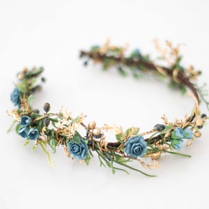 Blue gold flower headband, asymmetric floral crown, dainty flower headpiece, baby shower headpiece, hair wreath woman, golden headpiece image 1