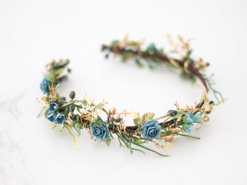 Blue gold flower headband, asymmetric floral crown, dainty flower headpiece, baby shower headpiece, hair wreath woman, golden headpiece image 1