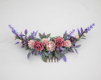 Lavender flower comb for wedding, purple dusty rose bridal comb, long flower hair comb, rustic floral headpiece