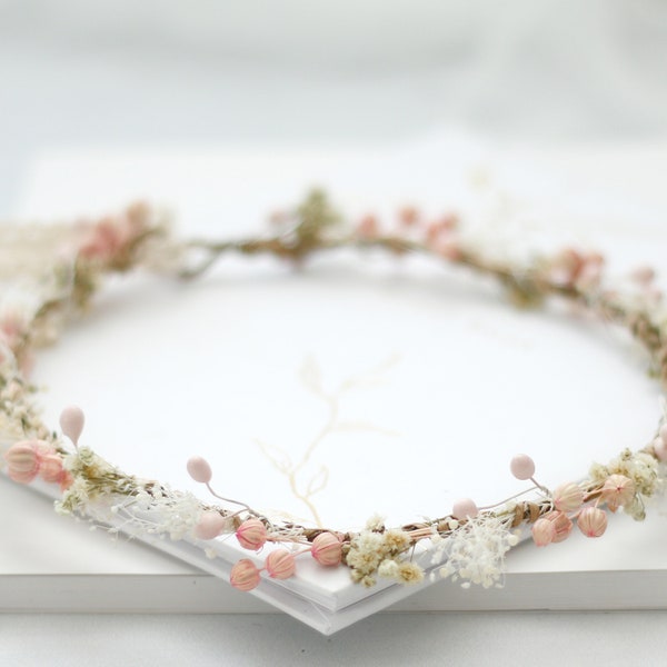 Blush Ivory Dried Flower Crown: Wedding Baby Breath Headband