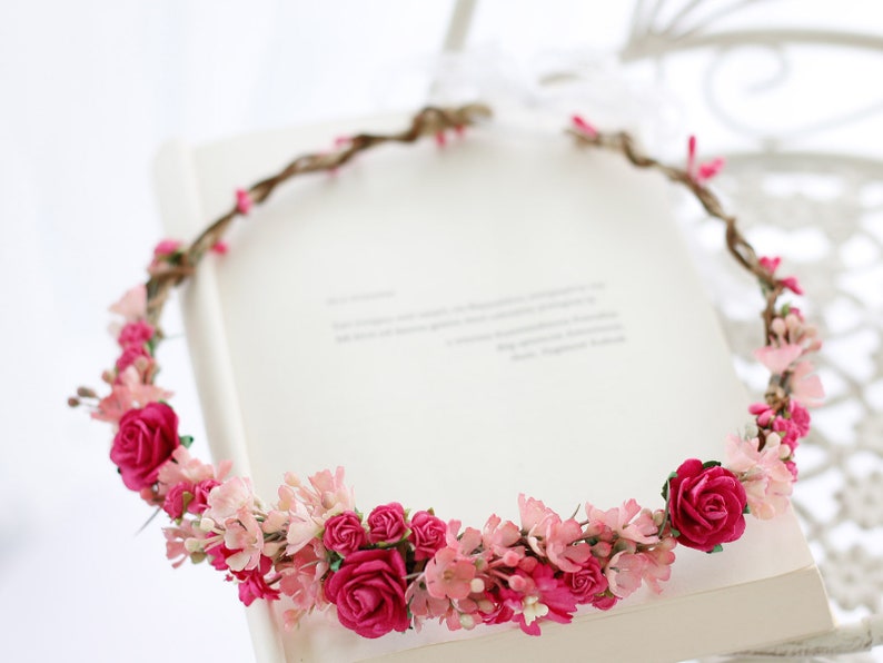 Fuchsia flower crown wedding, hot pink hair wreath image 3