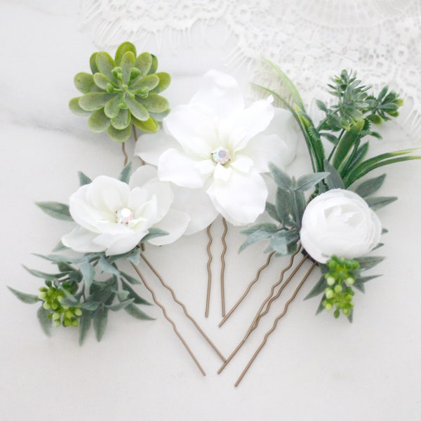 Green white hair pins, flower succulent bobby pins, wedding hair pin with flower, flower hair piece bridal, set flower hair clips for bride