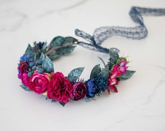 Purple navy blue flower crown, jewel tone hair wreath, hot pink flower crown, tie back floral halo headpiece, bright flower girl head band