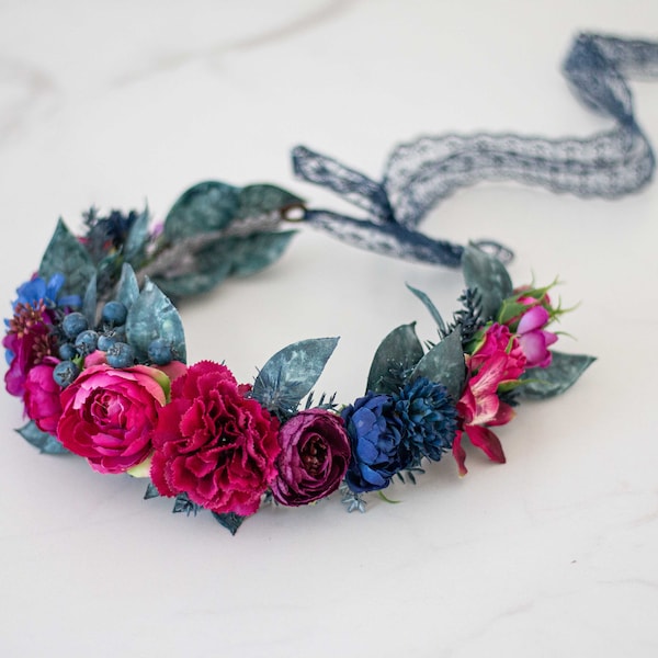 Purple navy blue flower crown, jewel tone hair wreath, hot pink flower crown, tie back floral halo headpiece, bright flower girl head band