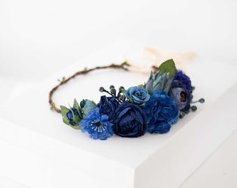 Navy royal blue flower crown wedding, large flower hairpiece, boho flower headband, bride bridesmaid headpiece, bohemian flower headdress