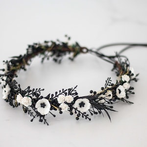Black white flower crown wedding, dainty flower headband, dark hair crown headpiece, gothic goth wedding hairband, woman bridesmaid halo image 6