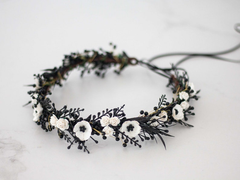 Black white flower crown wedding, dainty flower headband, dark hair crown headpiece, gothic goth wedding hairband, woman bridesmaid halo image 6