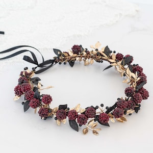 Gold burgundy flower crown, flower halo with raspberries, raspberry headband, golden flower headpiece, wedding hair wreath, dark flower halo image 2