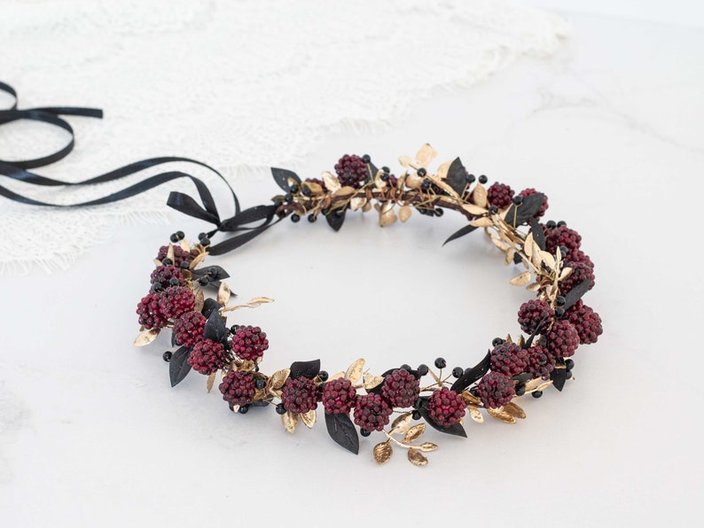 Gold burgundy flower crown, flower halo with raspberries, raspberry headband, golden flower headpiece, wedding hair wreath, dark flower halo image 2