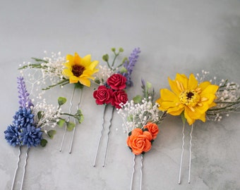 Colorful flower hair pins with sunflowers, wedding flower hair pins, sunflower hair clip, bridal hair pins, hair piece bride or bridesmaid