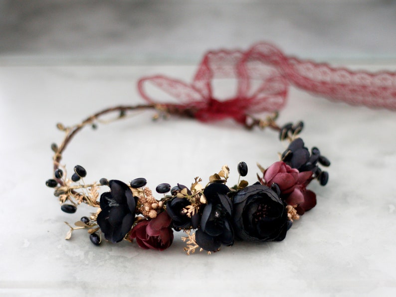 Gold black burgundy flower crown dark flower headband black | Etsy