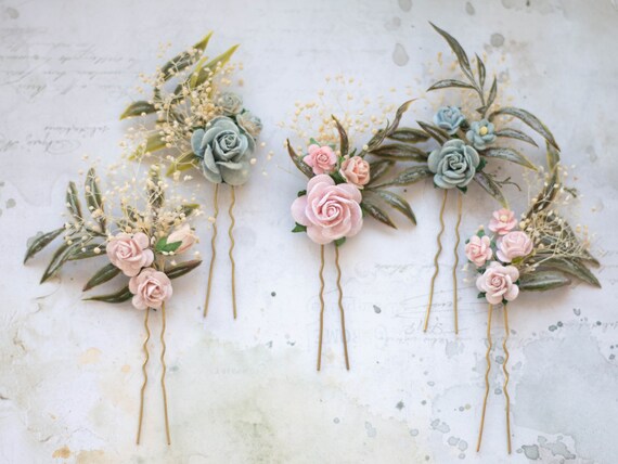 Dusty Blue Pink Flower Pins, Set Floral Hair Pins, Blush Dusty Blue Flower  Bobby Pins, Light Blue Hair Pin, Light Pink Bridesmaid Hair Pin -   Israel