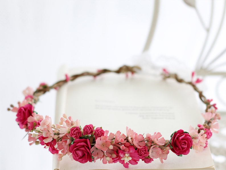 Fuchsia flower crown wedding, hot pink hair wreath image 2