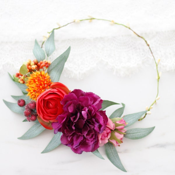 Frida flower crown for wedding, bridal shower hair crown, mexican flower headpiece, tropical flower crown