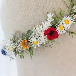 Poppy daisy flower crown wedding, baby's breath headband, dainty flower crown bridal shower, chamomile headpiece, bride flower girl halo image 2