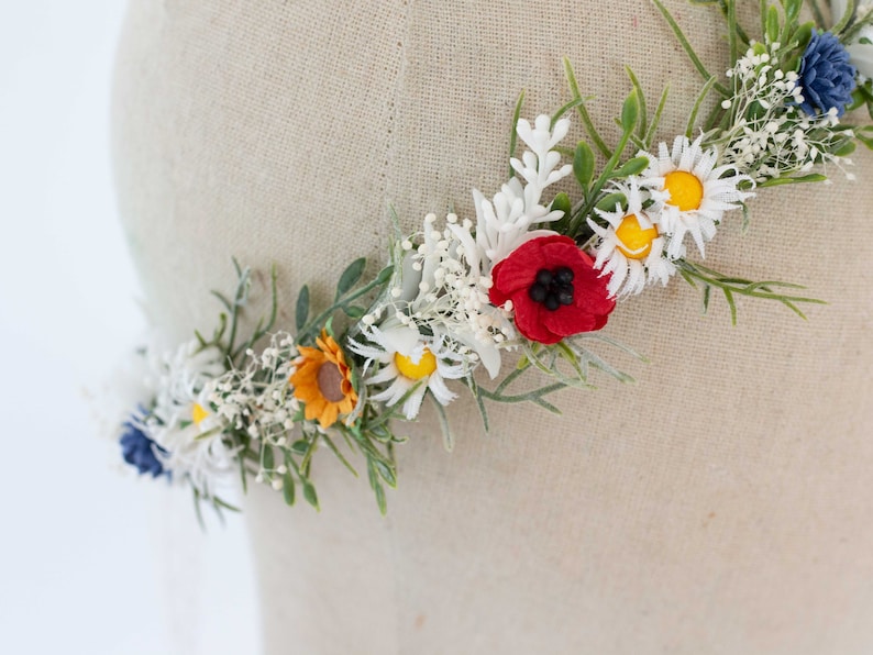 Poppy daisy flower crown wedding, baby's breath headband, dainty flower crown bridal shower, chamomile headpiece, bride flower girl halo image 2