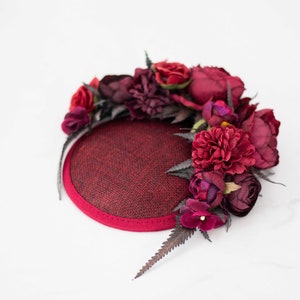 Burgundy fascinator hats for women derby, royal ascot hat, wedding guest floral headpiece, tea party head piece, women's fascinator image 1