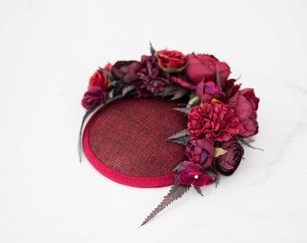 Burgundy fascinator hats for women derby, royal ascot hat, wedding guest floral headpiece, tea party head piece, women's fascinator