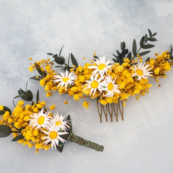 Daisy flower comb and boutonniere, dried flower hair comb, preserved floral comb wedding, yellow flower comb, baby's breath comb