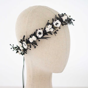 Black white flower crown wedding, dainty flower headband, dark hair crown headpiece, gothic goth wedding hairband, woman bridesmaid halo image 3