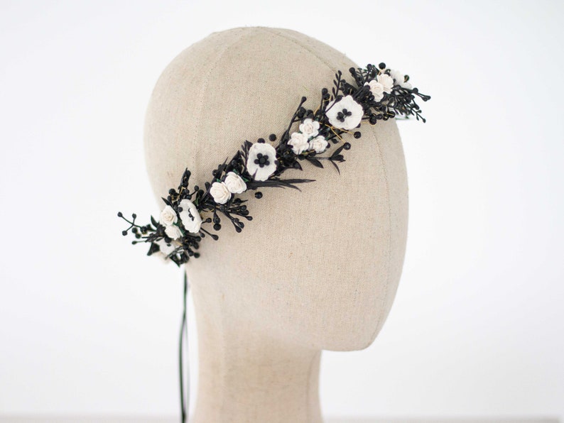 Black white flower crown wedding, dainty flower headband, dark hair crown headpiece, gothic goth wedding hairband, woman bridesmaid halo image 3