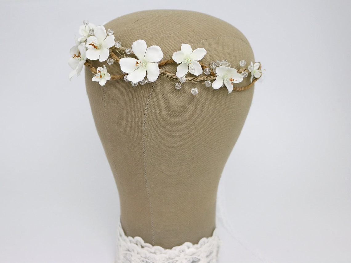 White Flower Crown Beads Flower Crown Crystal Wedding Flower Etsy