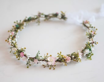 Pale pink blush flower crown wedding, dainty flower crown, thin hair wreath for bride or bridesmaids, flower girl halo adjustable