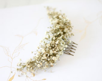 Dried babies breath hair comb, ivory flower comb wedding, baby's breath bridal hair comb, woodland flower comb, rustic hair comb