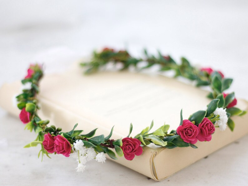 boho flower crown woodland flower crown flower girl crown Hot pink flower crown tie back flower crown fuchsia bridal flower head wreath