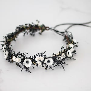 Black white flower crown wedding, dainty flower headband, dark hair crown headpiece, gothic goth wedding hairband, woman bridesmaid halo image 5