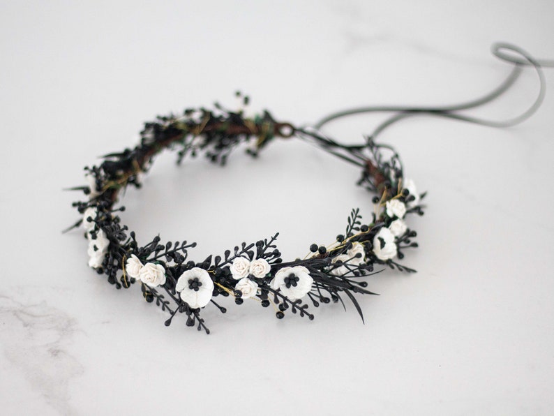 Black white flower crown wedding, dainty flower headband, dark hair crown headpiece, gothic goth wedding hairband, woman bridesmaid halo image 5