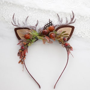 Deer antler headband, christmas photo prop, deer ears acorn crown, reindeer flower crown