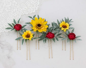 Sunflower hair pins, set floral hair pins, red yellow flower hair piece bridal, flower bobby pins, wedding hair pin, bridesmaid hair pin