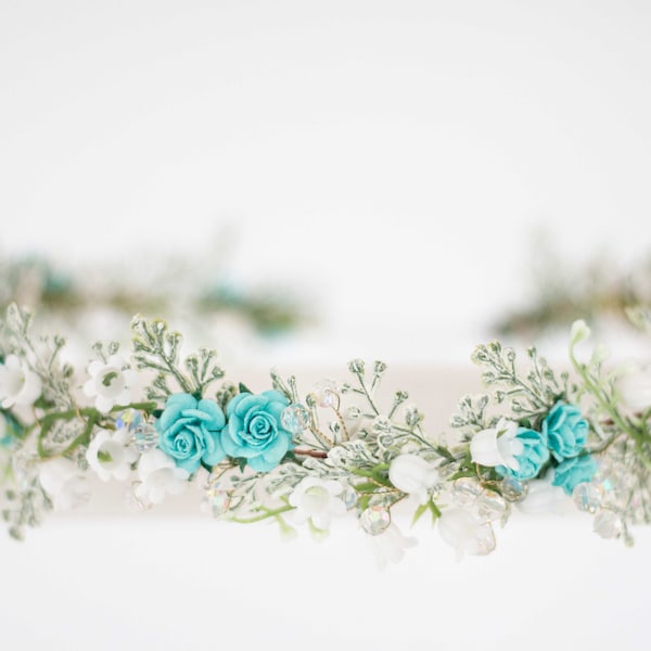 Lily of the valley head wreath, turquoise white flower crown wedding, floral headband, bride headpiece, crystal hair piece, flower girl halo